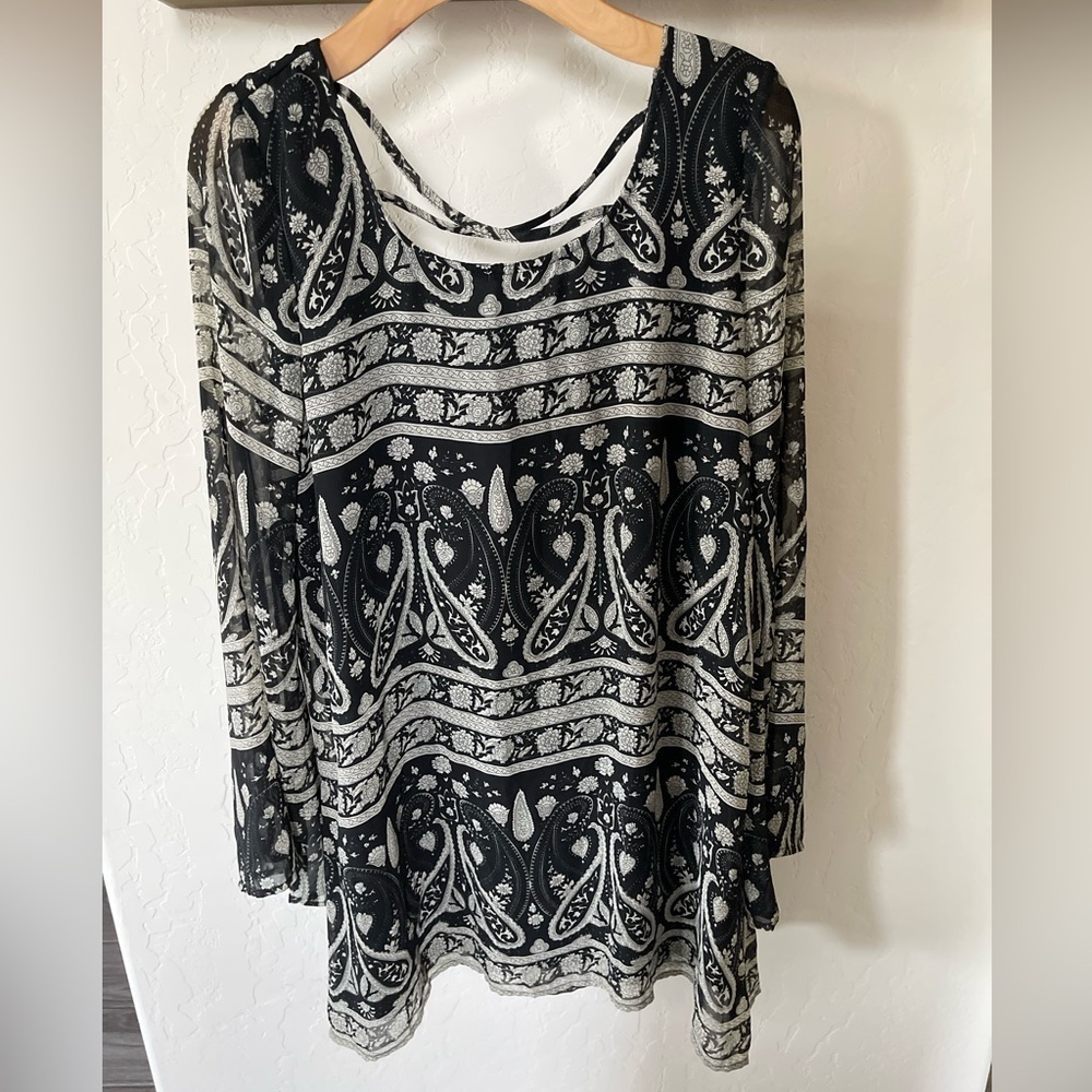 Stella Laguna Beach| Boho Mixed Pattern long Sleeve Shirt Dress w Sheer Sleeve•